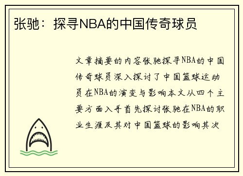 张驰：探寻NBA的中国传奇球员